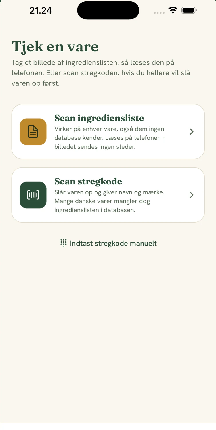 GlutenTrace-startskærmen Tjek en vare med knapper til at scanne en ingrediensliste eller en stregkode