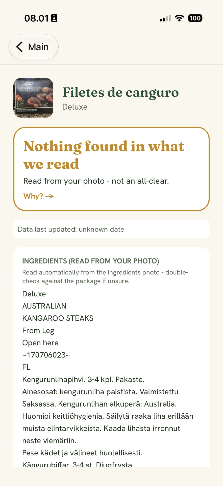 A GlutenTrace result reading "Nothing found in what we read" after reading a label photo