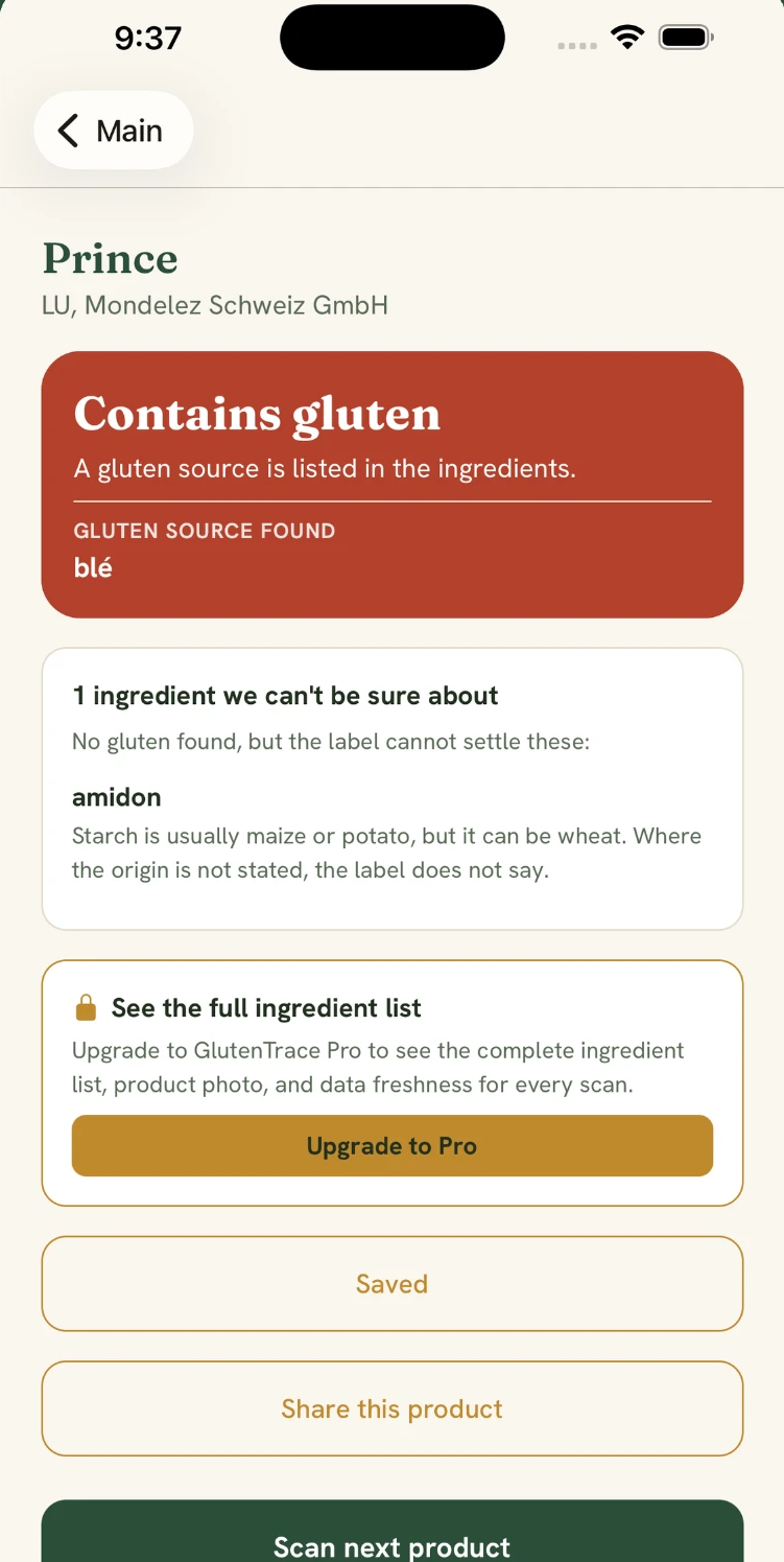 A GlutenTrace result screen showing a red Contains gluten verdict for LU Prince biscuits, naming ble as the gluten source found