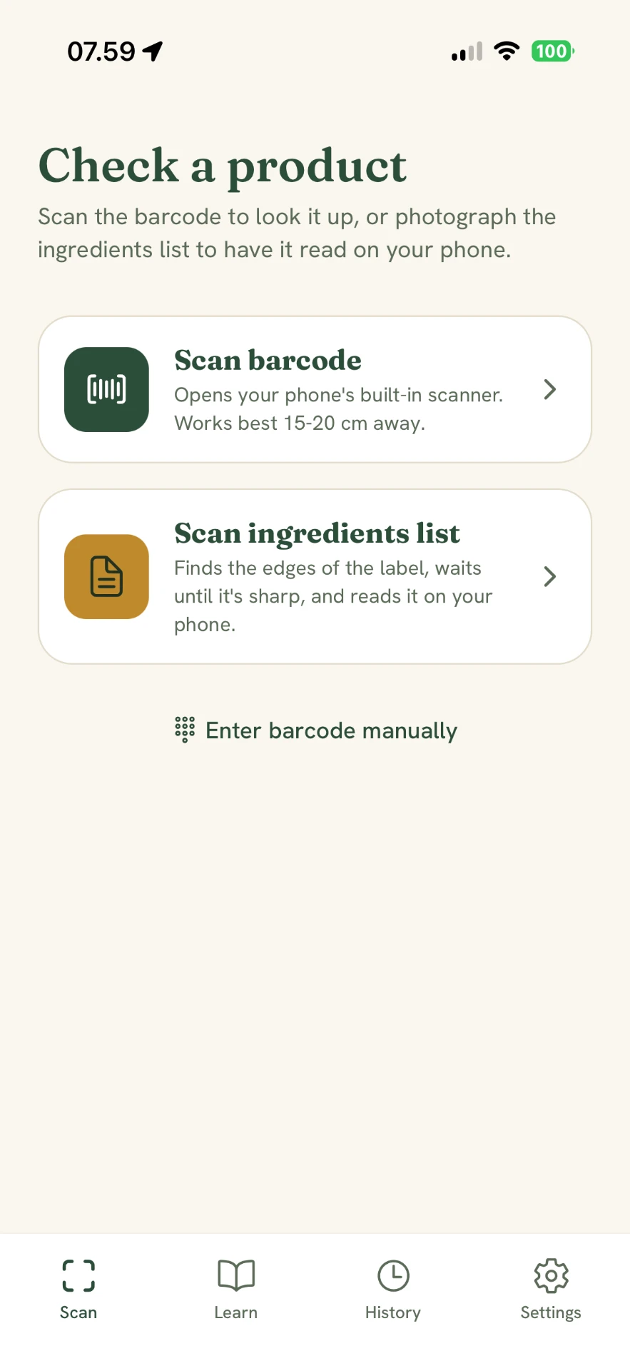 The GlutenTrace start screen, Check a product, with buttons for scanning a barcode or an ingredients list