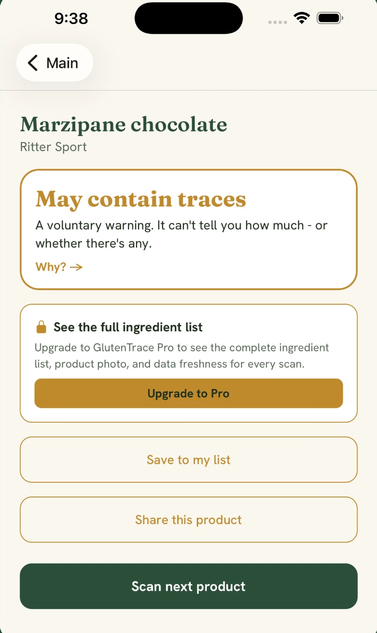A GlutenTrace result with the amber "May contain traces" verdict for a Ritter Sport chocolate