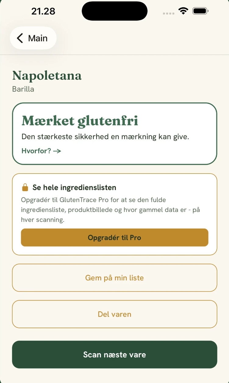 Et grønt GlutenTrace-resultat "Mærket glutenfri" for Barilla Napoletana med mulighed for at se hele ingredienslisten i Pro