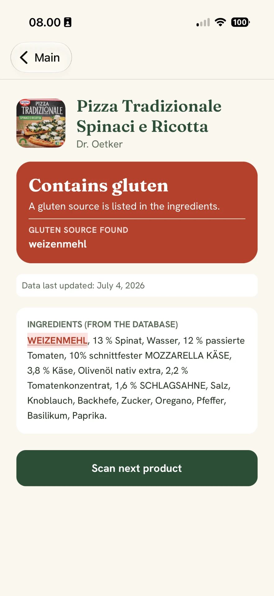A GlutenTrace result screen showing a red Contains gluten verdict for a Dr. Oetker pizza, with WEIZENMEHL marked in the ingredient list