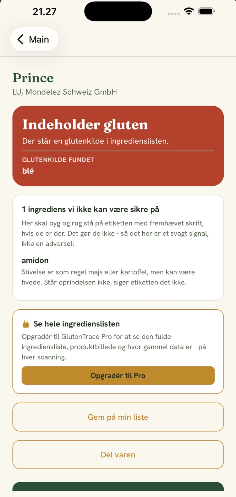 Et GlutenTrace-resultat med en rød Indeholder gluten-vurdering for LU Prince-kiks, hvor blé er nævnt som glutenkilden