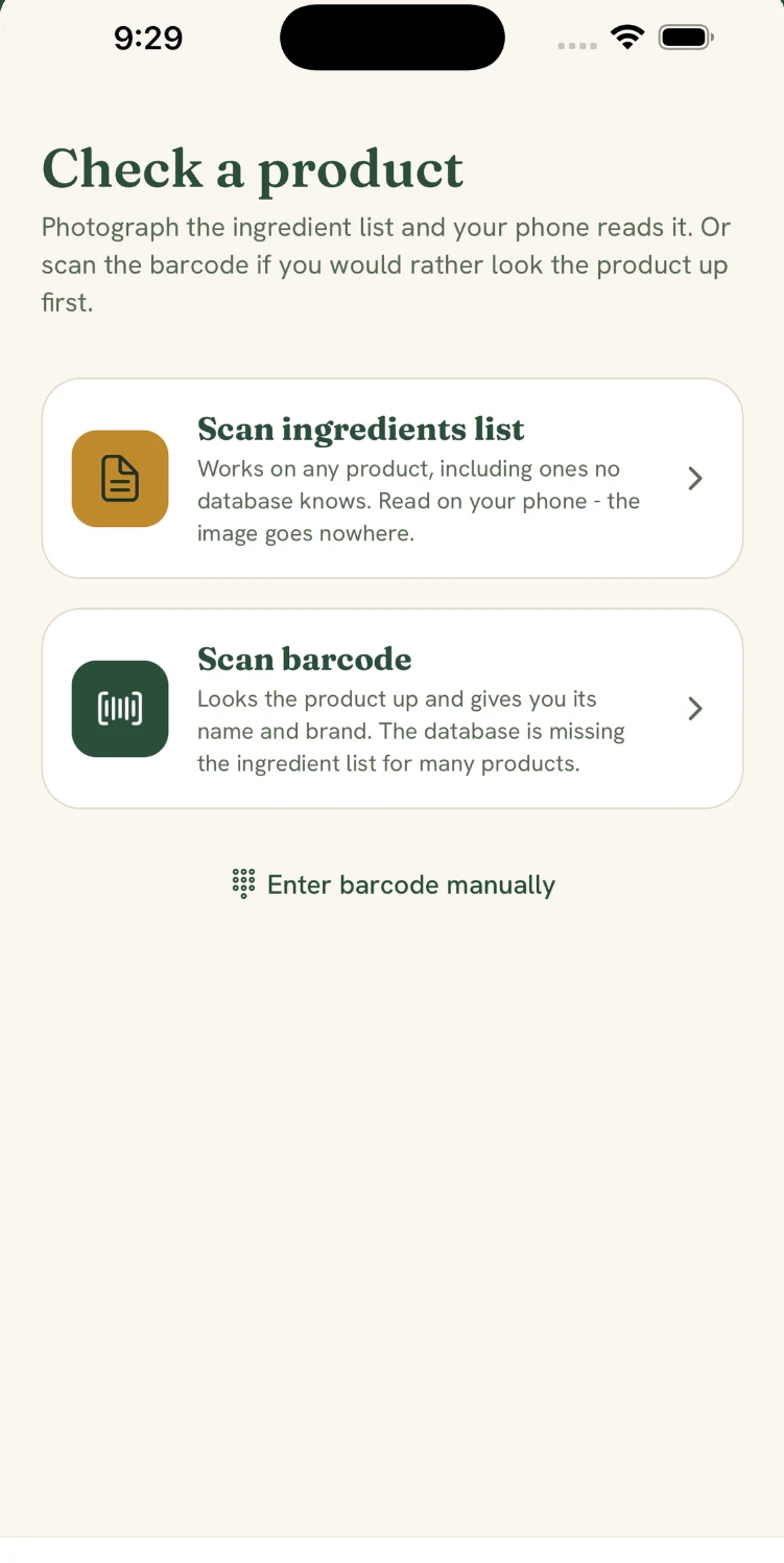 The GlutenTrace start screen, Check a product, with buttons for scanning a barcode or an ingredients list